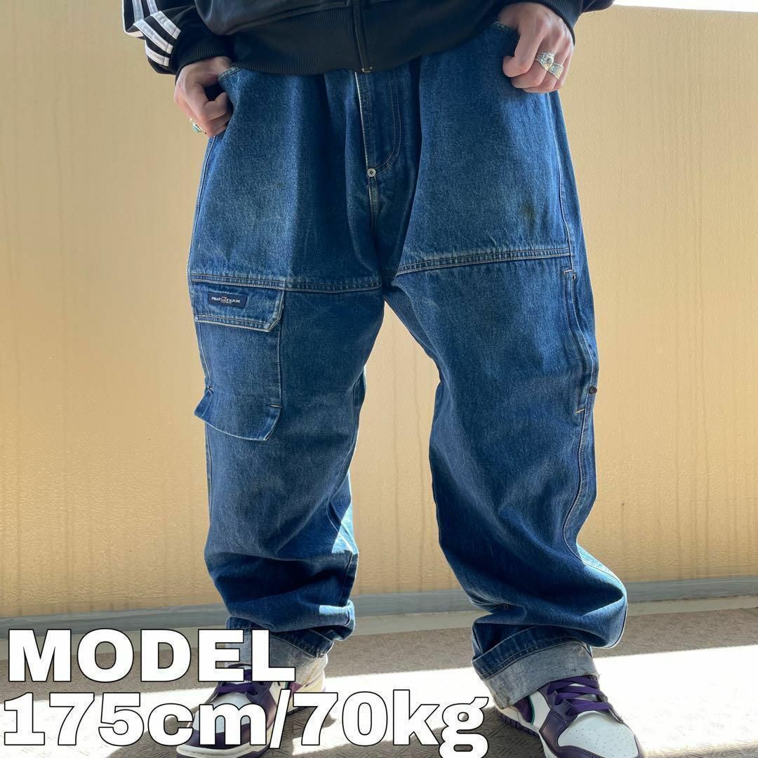 W38 ファットファーム ワイドバギーカーゴパンツ ボトム デニム ブルー青