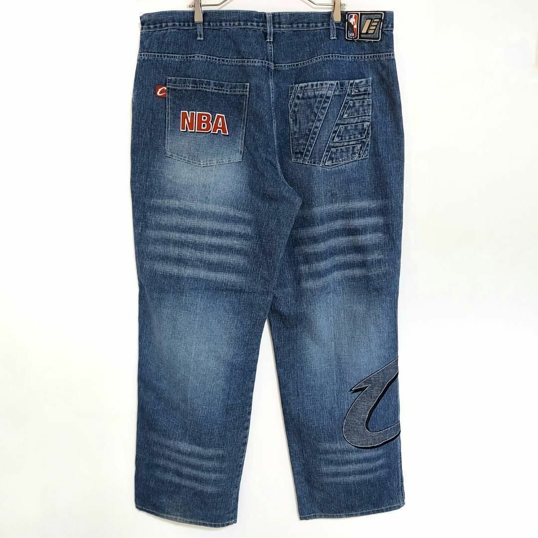 W42 00s UNK NBA キャバリアーズ 極太バギー刺繍デニム ボトム 青