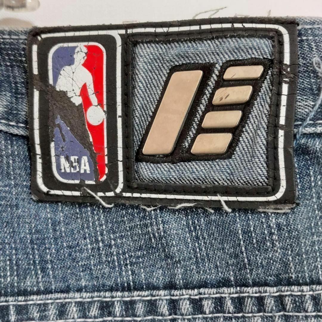 W42 00s UNK NBA キャバリアーズ 極太バギー刺繍デニム ボトム 青