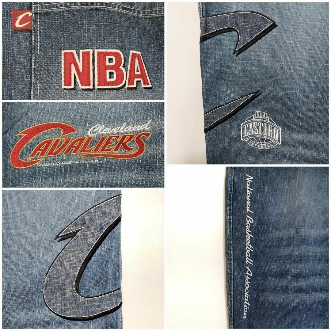 W42 00s UNK NBA キャバリアーズ 極太バギー刺繍デニム ボトム 青