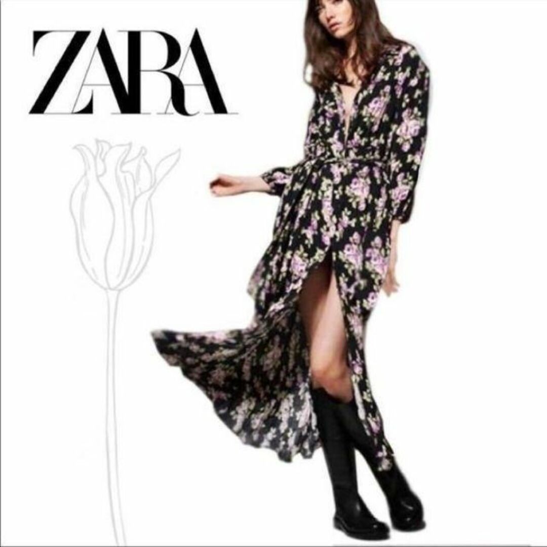 【タグ付き】ZARA　花柄　シャツワンピース　ギャザー　マキシ丈　大きいサイズ