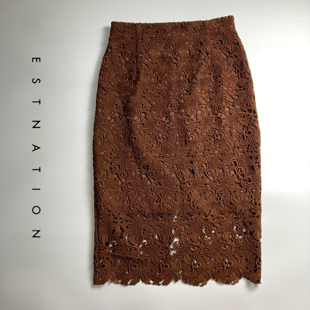 ESTNATION エストネーション レーススカート ブラウン - ひざ丈スカート