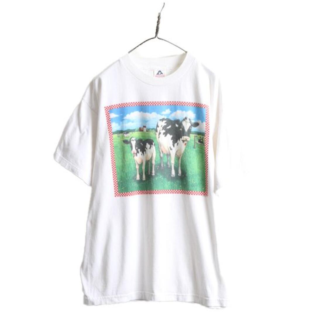 90s USA製 ウシ アート イラスト プリントTシャツ 2XL 白 アニマル