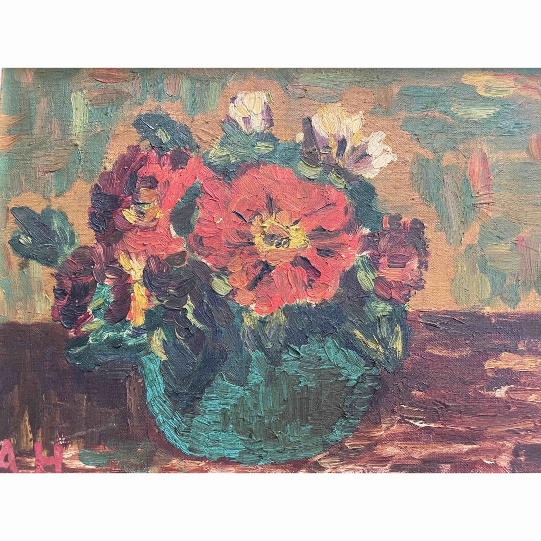 骨董 アンティーク 絵画 油絵 作者不明 花瓶 花束 静物画