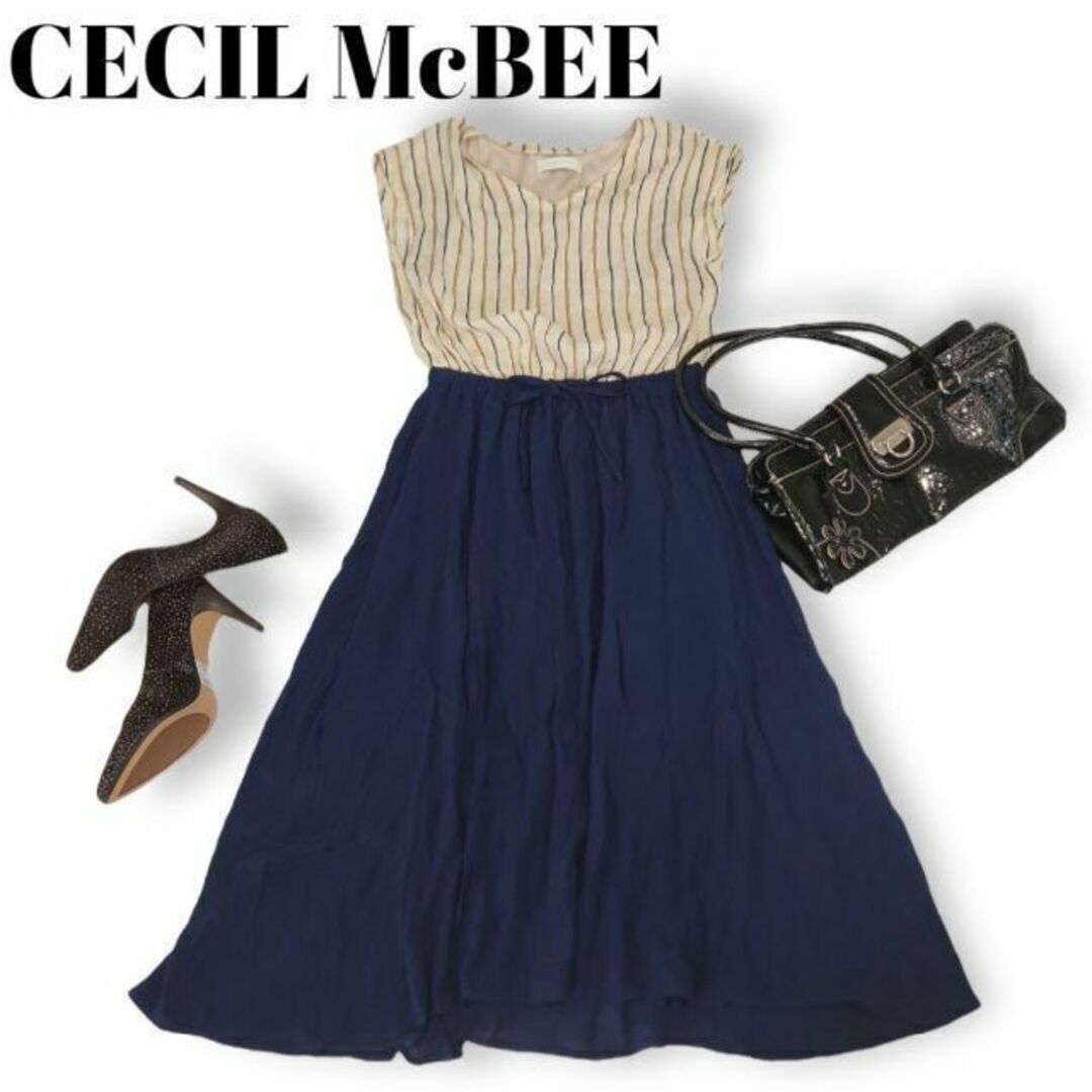 CECIL McBEE セシルマクビー☆ロングワンピース☆クリーム系紺系☆ノースリーブ☆レディースM /の通販 by ゆづき セシルマクビー レディース ワンピース ノースリーブ 総柄 ブルー 青 M