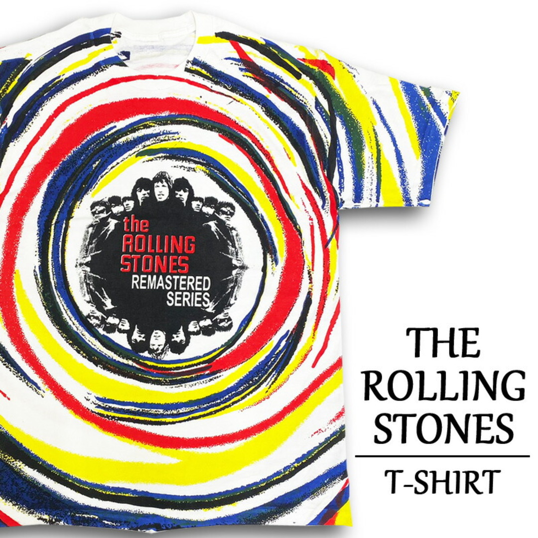 ローリング・ストーンズ Tシャツ 半袖 THE ROLLING STONES 総柄 マルチカラー バンド Tシャツ  サイズ：メンズ XL 相当  ビッグサイズ ホワイト×レッド×イエロー等【新品】 メンズのトップス(Tシャツ/カットソー(半袖/袖なし))の商品写真