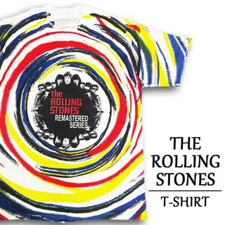 ローリング・ストーンズ Tシャツ 半袖 THE ROLLING STONES 総柄 マルチカラー バンド Tシャツ  サイズ：メンズ XL 相当  ビッグサイズ ホワイト×レッド×イエロー等【新品】(Tシャツ/カットソー(半袖/袖なし))