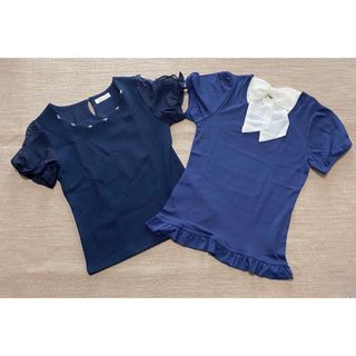 ユメテンボウ(夢展望)のネイビートップス♡2枚セット 美品 リボン ビジュー スカラップ イング (Tシャツ(半袖/袖なし))