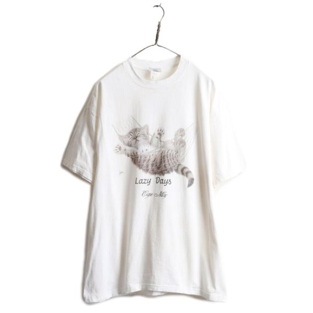 90s ネコ アート イラスト プリント Tシャツ L アニマル グラフィック