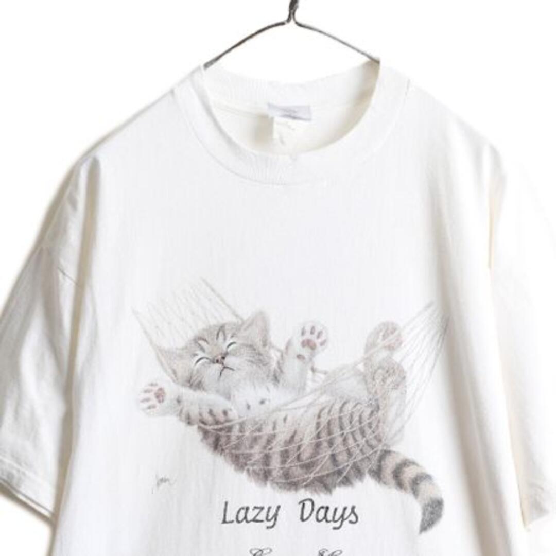 90s ネコ アート イラスト プリント Tシャツ L アニマル グラフィック
