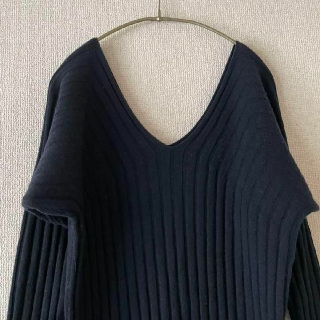 Oggiコラボアイテム*撥水/毛玉防止リブVネックニットワンピース ネイビー 3
