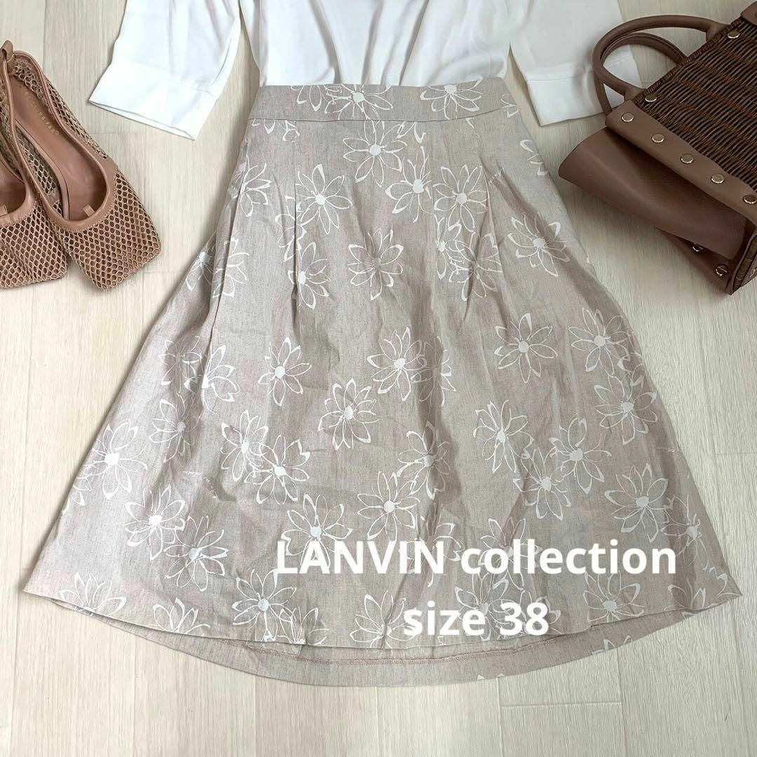 LANVIN COLLECTION(ランバンコレクション)のLANVIN collection 麻　花柄ロゴプリントスカート　size M レディースのスカート(ひざ丈スカート)の商品写真