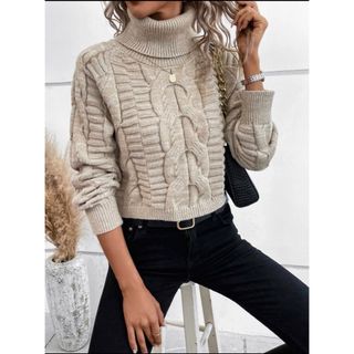 シーイン(SHEIN)の新品未着用 SHEIN LUNEケーブル編みタートルラグランニット L ベージュ(ニット/セーター)