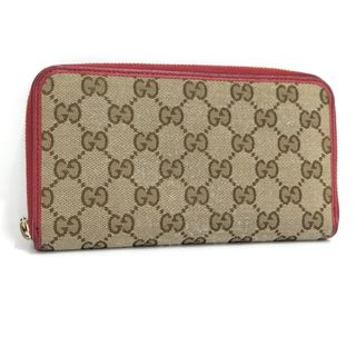 グッチ(Gucci)のGUCCI ラウンドファスナー 長財布 GGキャンバス レザー ベージュ レッド(財布)