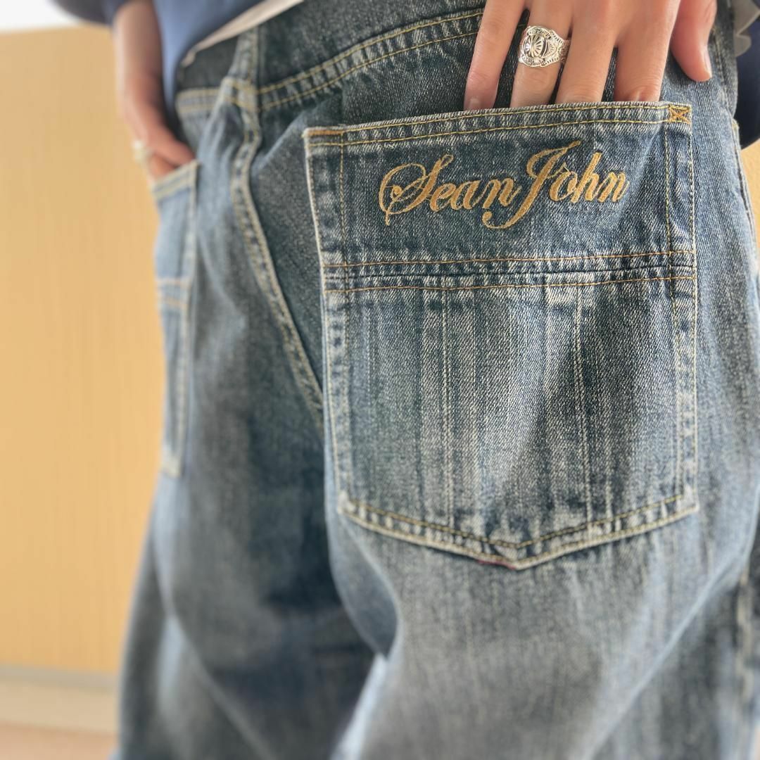 W38 ショーンジョン ポケットロゴ刺繍ワイドバギーボトム デニム