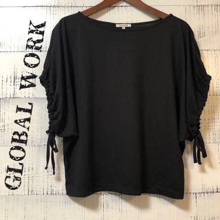 グローバルワーク(GLOBAL WORK)のGLOBAL WORK ギャザースリーブ カットソー Tシャツ ブラック M(カットソー(半袖/袖なし))