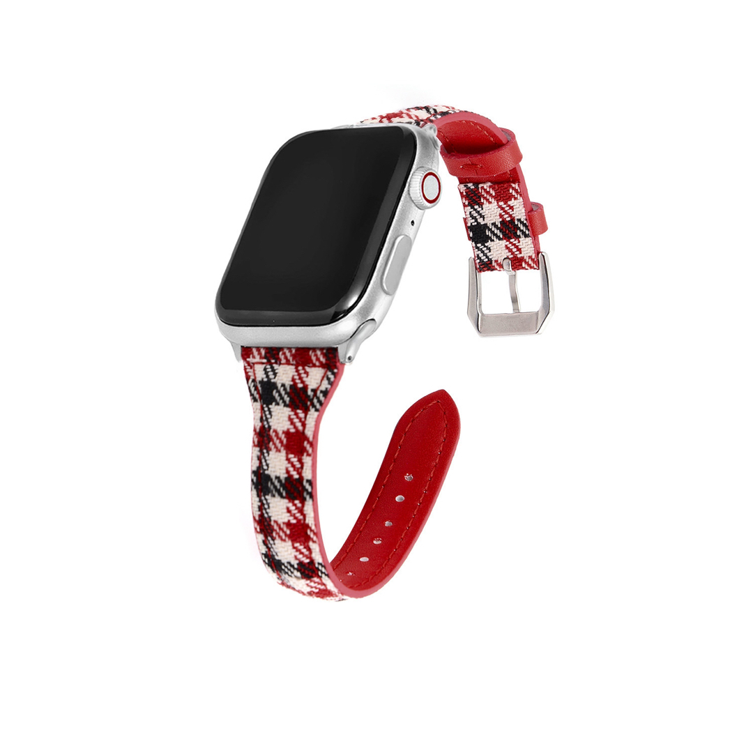 Apple Watch 42 44 45mm 千鳥格子柄レッド - レザーベルト