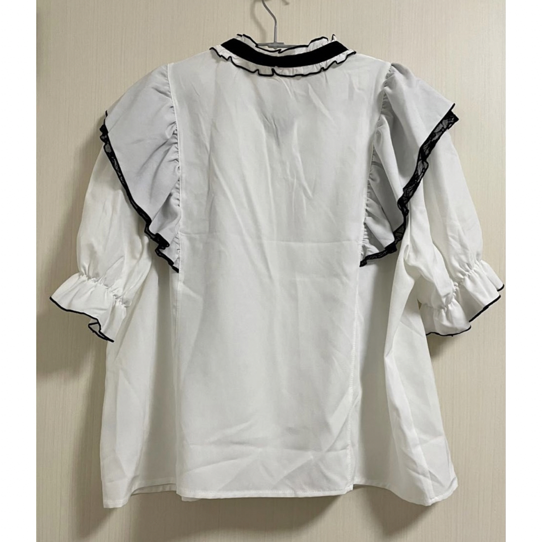 地雷系 量産型 フリル襟 配色メロウ リボン付きブラウス 白 4Lサイズ レディースのトップス(シャツ/ブラウス(半袖/袖なし))の商品写真
