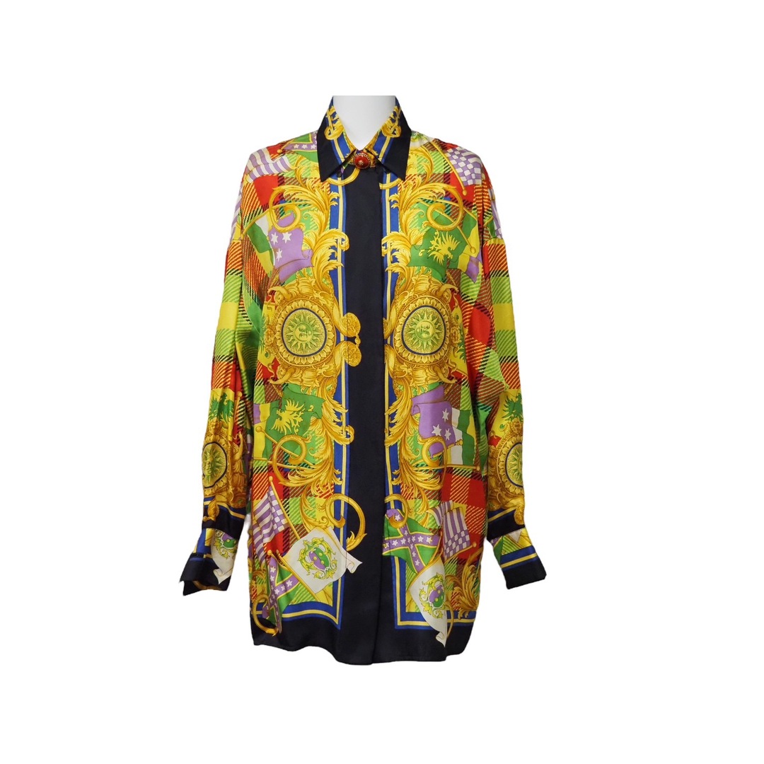 Gianni Versace ジャンニ・ヴェルサーチ 長袖シャツ バロッコ 総柄 マルチカラー シルク サイズ38 良品  52204