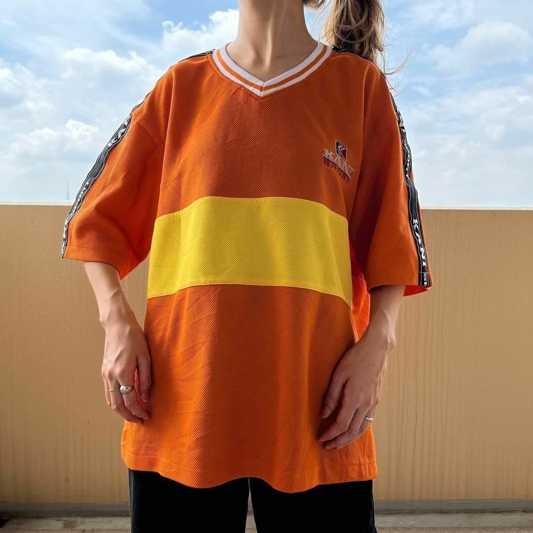 カールカナイ ビッグロゴ刺繍Tシャツ ジャージ Vネック L オレンジ 黄色 赤