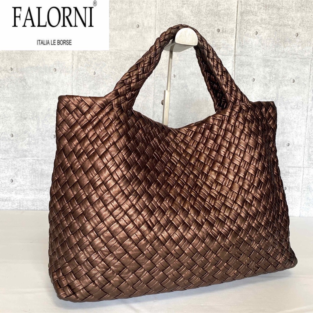 【美品】FALORNI イントレチャート ブロンズ ラムレザー A4トートバッグ