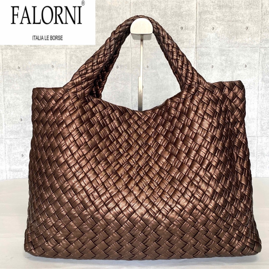 【美品】FALORNI イントレチャート ブロンズ ラムレザー A4トートバッグ