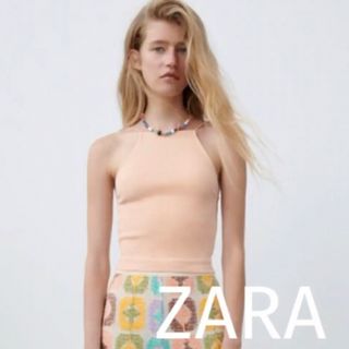 ザラ(ZARA)のZARA ストラップリブトップス　ピンクベージュ　S 完売　新品(カットソー(半袖/袖なし))