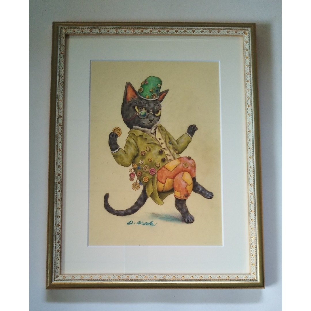 【原画】『ボタンコレクター』（絵画　黒猫　パステル画） エンタメ/ホビーの美術品/アンティーク(絵画/タペストリー)の商品写真