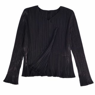 プリーツプリーズイッセイミヤケ(PLEATS PLEASE ISSEY MIYAKE)の美品 プリーツプリーズ イッセイミヤケ PLEATS PLEASE カーディガン ロングスリーブ プリーツ 無地 トップス レディース M相当 ブラック(カーディガン)