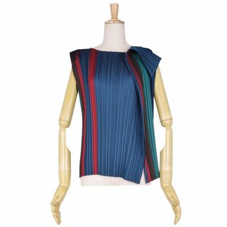 イッセイミヤケ(ISSEY MIYAKE)の美品 イッセイミヤケ ISSEY MIYAKE シャツ ブラウス ノースリーブ プリーツ トップス レディース 2(M相当) ネイビー/レッド/ブラウン/グレー(シャツ/ブラウス(半袖/袖なし))