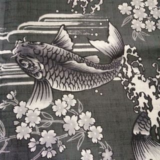 黒系【鯉の和柄】113幅×50cm・ブッチャー素材(生地/糸)