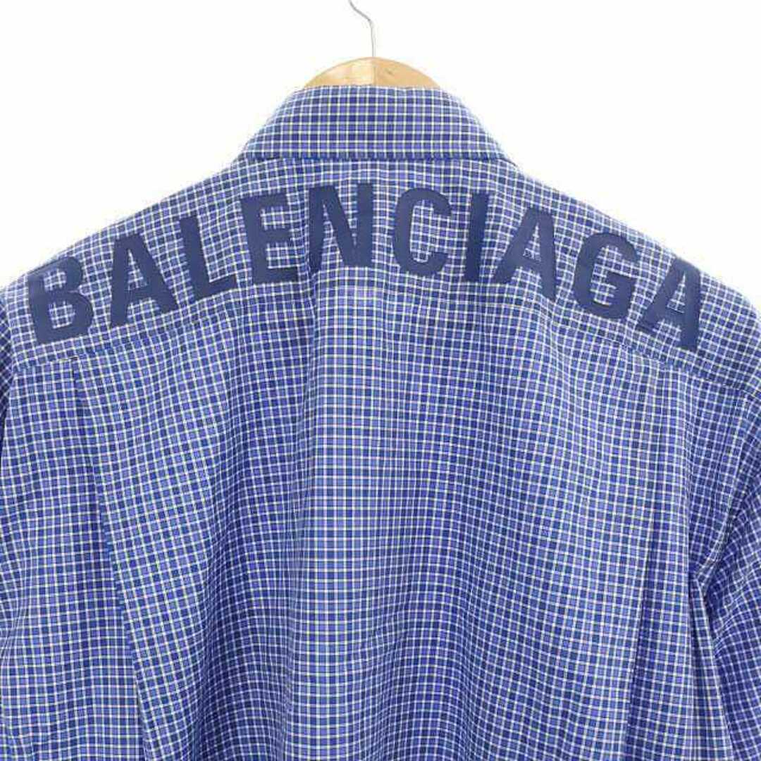 バレンシアガBALENCIAGA背中ロゴ入りチェックシャツブルー美37