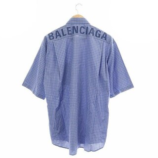 バレンシアガ　バックロゴ　ユニセックス　チェックシャツ　青　38