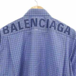 バレンシアガ バックロゴ オーバーサイズ チェックシャツ 半袖 39 青 白