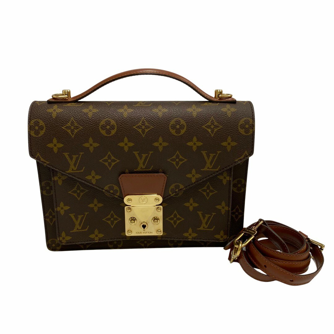 素材レザーPVCほぼ未使用 LOUIS VUITTON ルイヴィトン モンソー モノグラム レザー 本革 2way ハンドバッグ ショルダーバッグ ブラウン 茶 17215