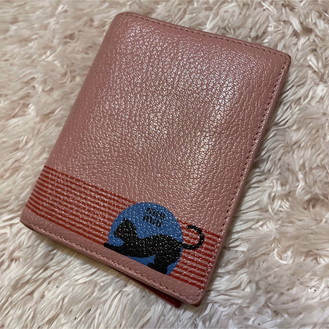 MIUMIU 二つ折り財布 ピンク 猫 本革-