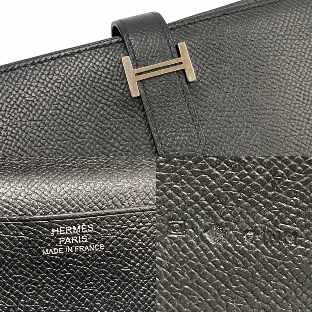 極 美品 希少品 □O刻印 HERMES エルメス ベアンスフレ シルバー 金具 ヴォーエプソン レザー 本革 二つ折り 長財布 ウォレット 黒  23880