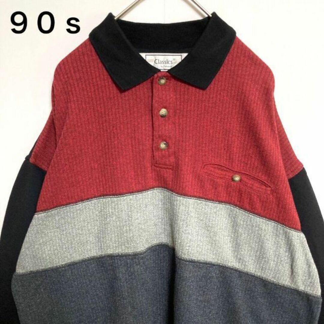 トップス希少◎90s◎ニット◎デザインポロシャツ◎赤×灰×黒◎ハーフボタン◎レトロ◎だぼ