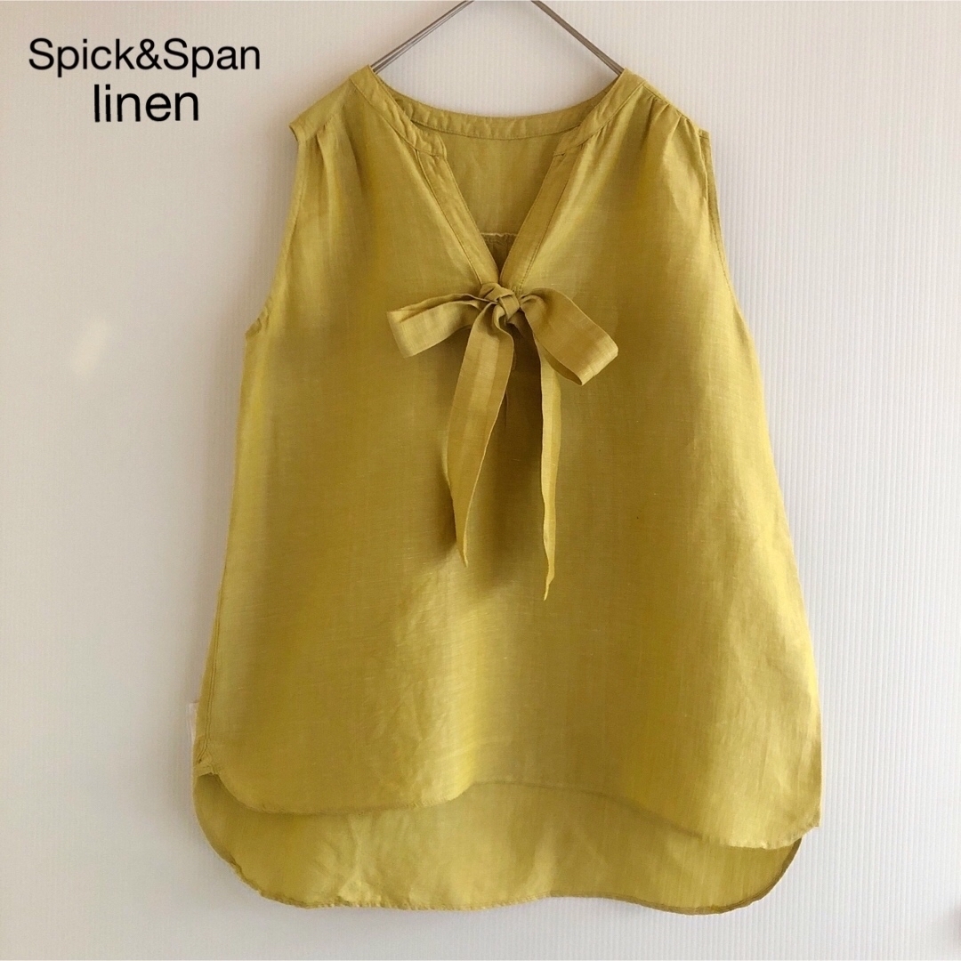Spick & Span(スピックアンドスパン)の343スピック＆スパンリネンリボンノースリーブブラウスFマスタードイエロー日本製 レディースのトップス(シャツ/ブラウス(半袖/袖なし))の商品写真