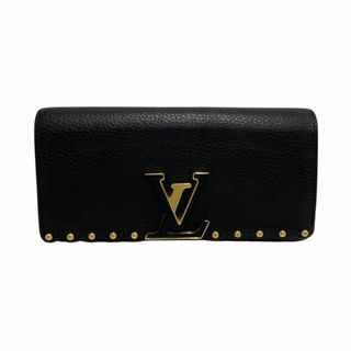 ルイヴィトン(LOUIS VUITTON)の極 美品 袋付き LOUIS VUITTON ルイヴィトン ロゴ 金具 ポルトフォイユ カプシーヌ レザー 本革 長財布 ウォレット ブラック 5kmb828-1(財布)