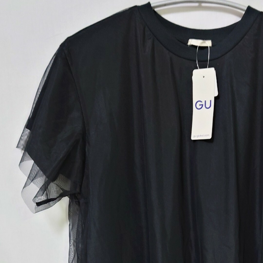 GU(ジーユー)の新品 未使用 GU シアーコンビネーションチュニック ブラック L レディースのトップス(シャツ/ブラウス(半袖/袖なし))の商品写真