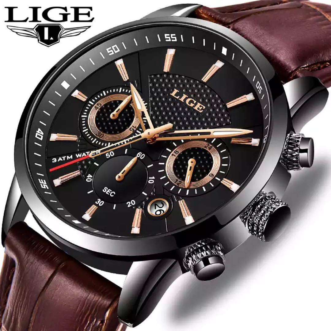 大人気シリーズ】LIGE メンズ 高級腕時計 ブラックゴールド クォーツ
