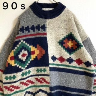 激レア◎90s◎肉厚◎ニット◎紺×白◎マルチカラー◎レトロ◎袖デザイン◎主役(ニット/セーター)