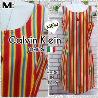 カルバンクライン(Calvin Klein)のM：未使用 ストライプ ワンピース／カルバンクライン★レッド(ひざ丈ワンピース)