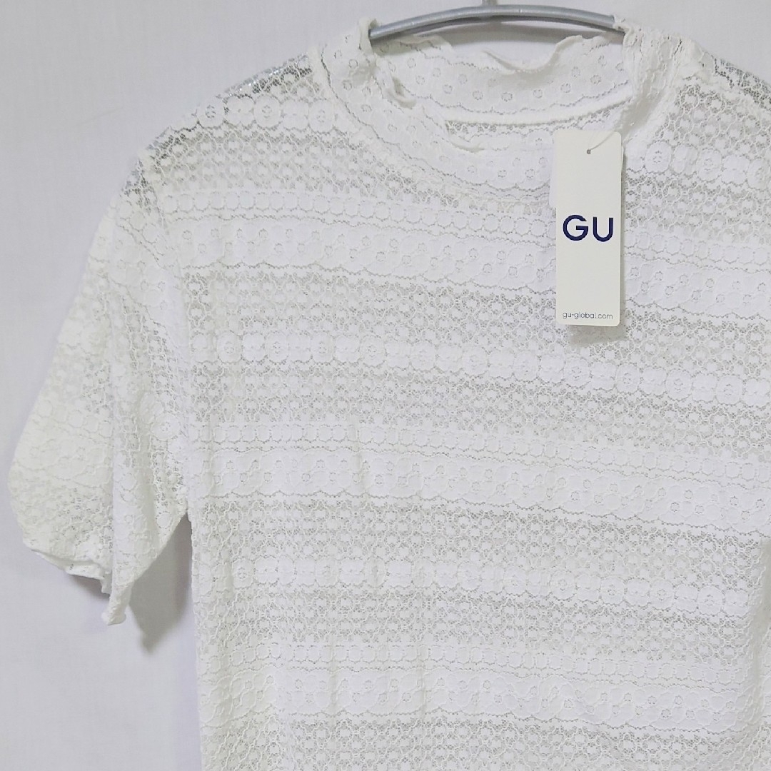 GU(ジーユー)の新品 未使用 GU レースコンパクトT 半袖 オフホワイト XL 半袖シャツ レディースのトップス(Tシャツ(半袖/袖なし))の商品写真