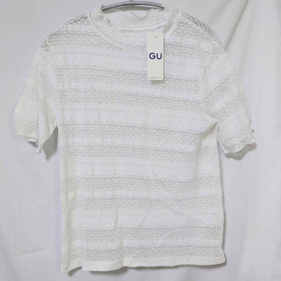 GU(ジーユー)の新品 未使用 GU レースコンパクトT 半袖 オフホワイト XL 半袖シャツ レディースのトップス(Tシャツ(半袖/袖なし))の商品写真