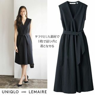 ユニクロ(UNIQLO)のレア新品★LEMAIRE×uniqloシアサッカーワンピース黒L(ひざ丈ワンピース)