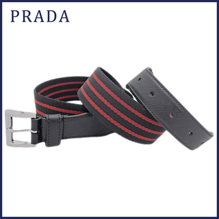 プラダ(PRADA)の新品プラダPRADAメンズ　ボーダー　キャンバスベルト　赤×黒#85(ベルト)