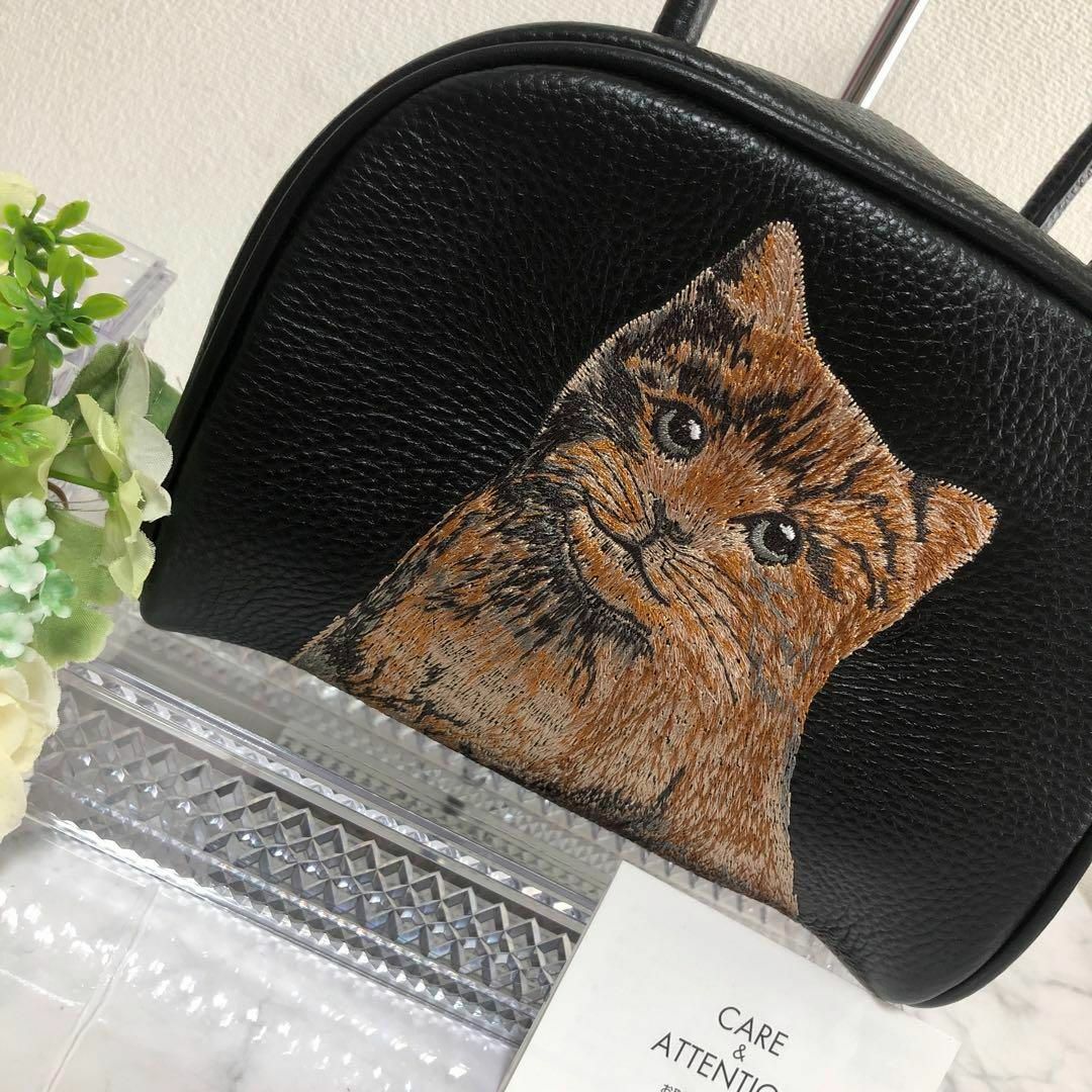 ear PAPILLONNER(イアパピヨネ)のイアパピヨネ　猫　ネコ　ねこ　ミニボストン　バッグ　牛革　ブラック　刺繍　新品 レディースのバッグ(ハンドバッグ)の商品写真