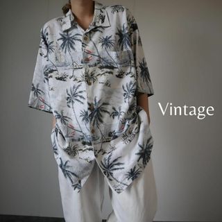 アートヴィンテージ(ART VINTAGE)の【vintage】水彩風 総柄 ジャガードチェック 半袖 シャツ アロハ XL(シャツ)